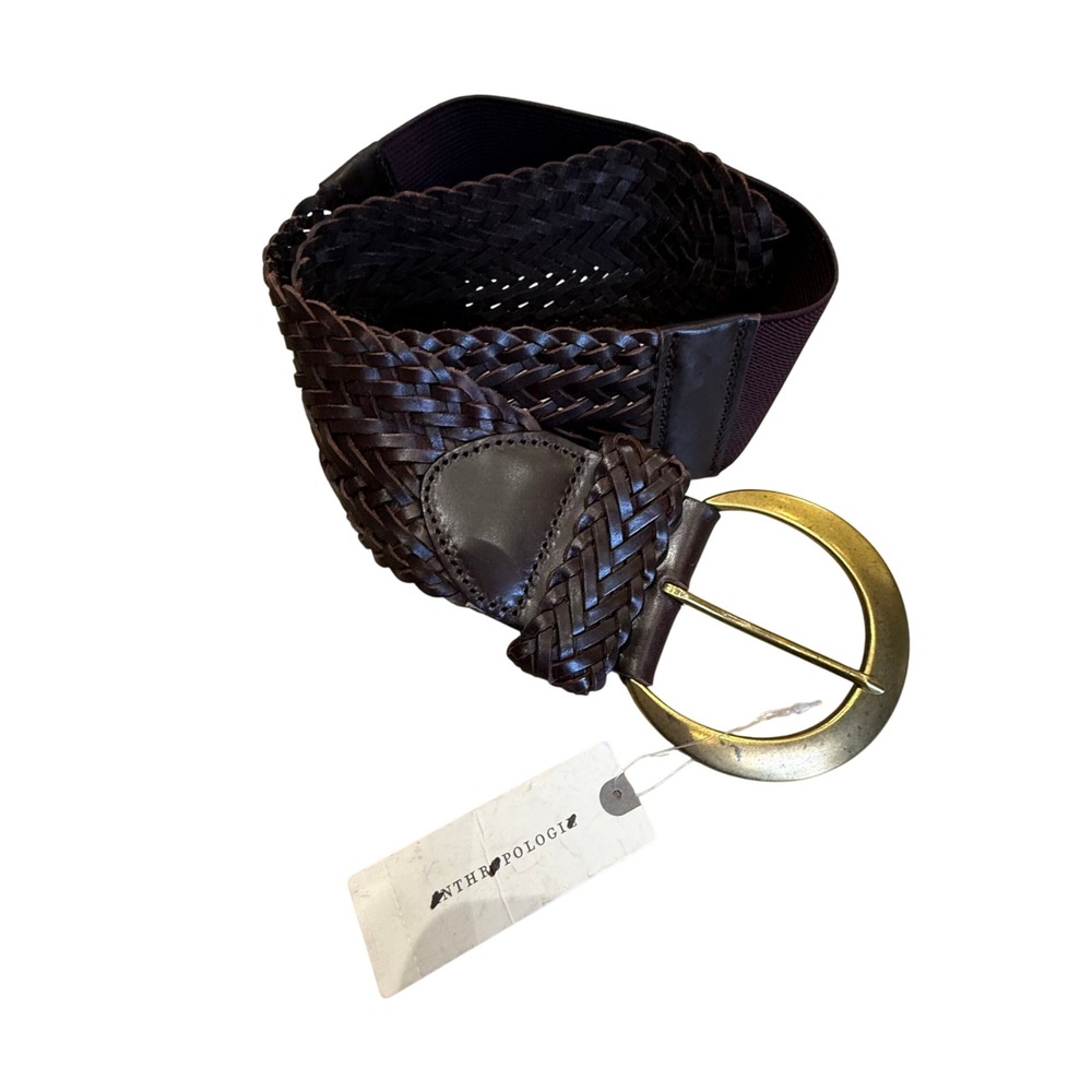 Anthropologie Woven Leather Elastic Waist Belt Brown Gold Buckle XS/S New